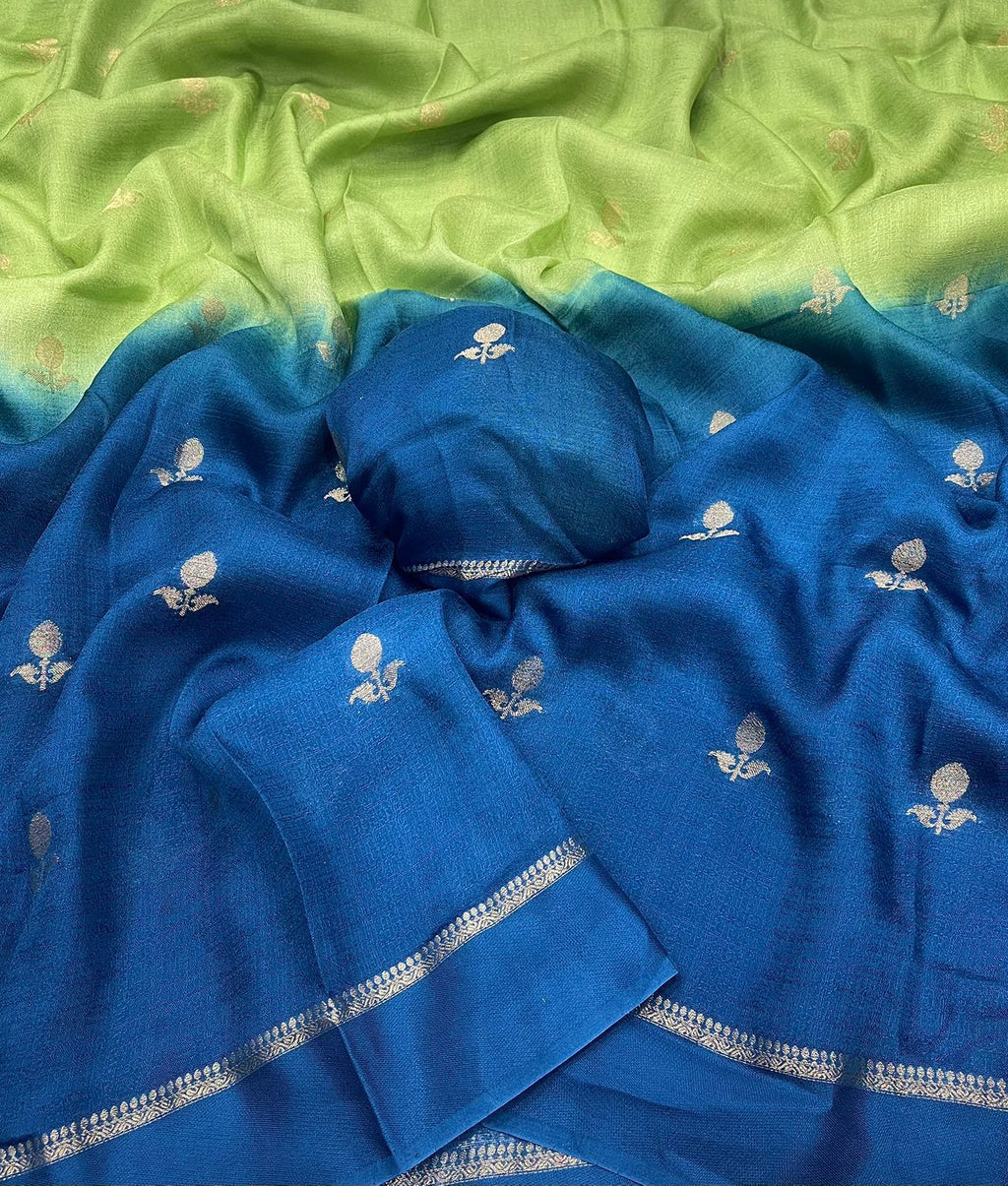 Green Blue Festive Wear Pure Soft Viscose Silk Jacquard n Satin Border Fancy Designer Saree With Blouse Piece