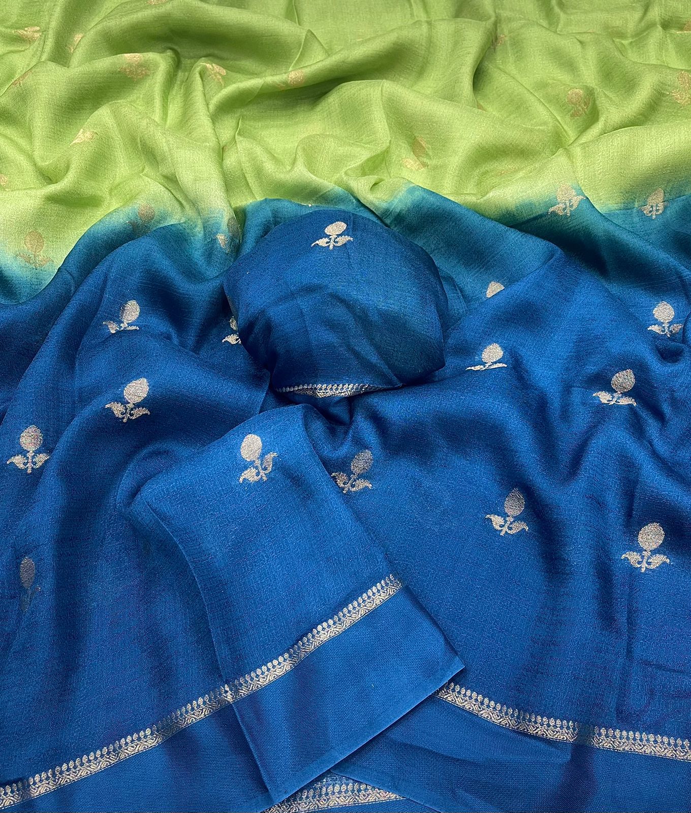 Green Blue Festive Wear Pure Soft Viscose Silk Jacquard n Satin Border Fancy Designer Saree With Blouse Piece