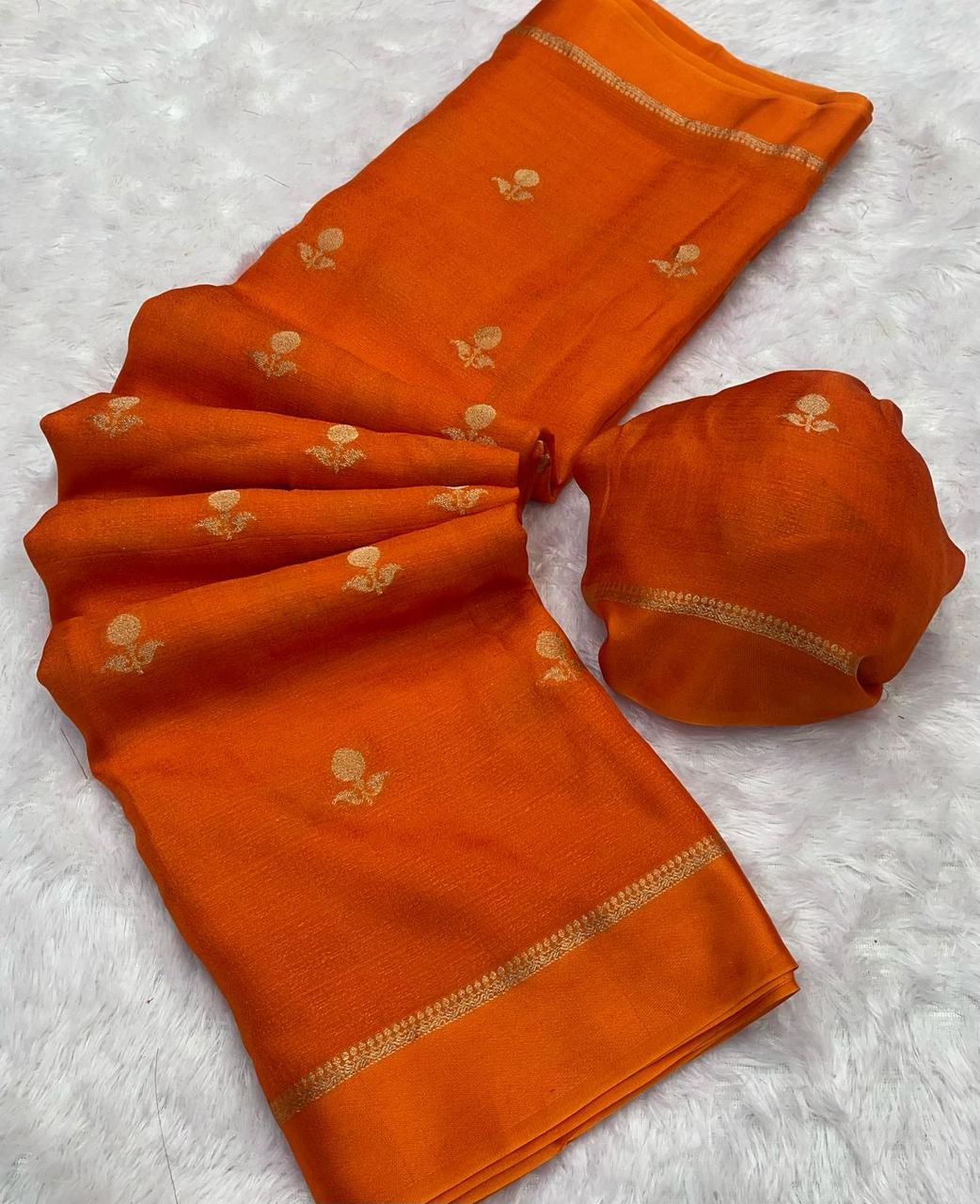 Orange Pure Soft Viscose Silk Jacquard Satin Border Fancy Designer Saree With Blouse Piece