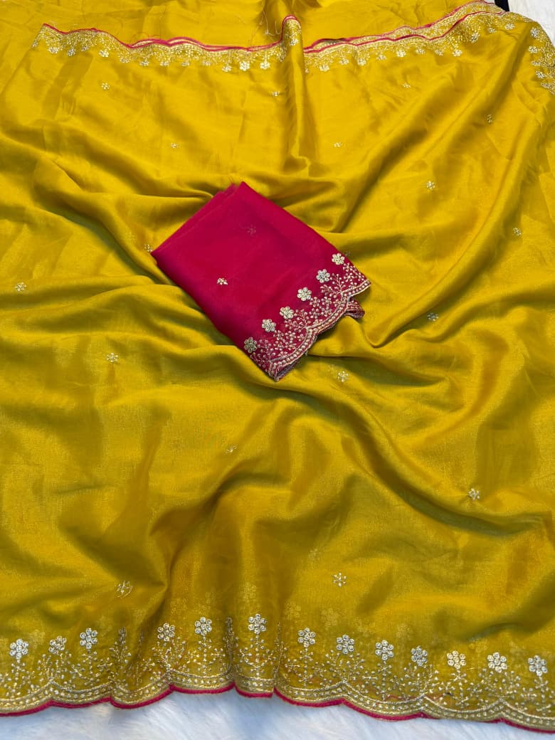 Royal golden yellow Elegance Saree with Designer Blouse Piece