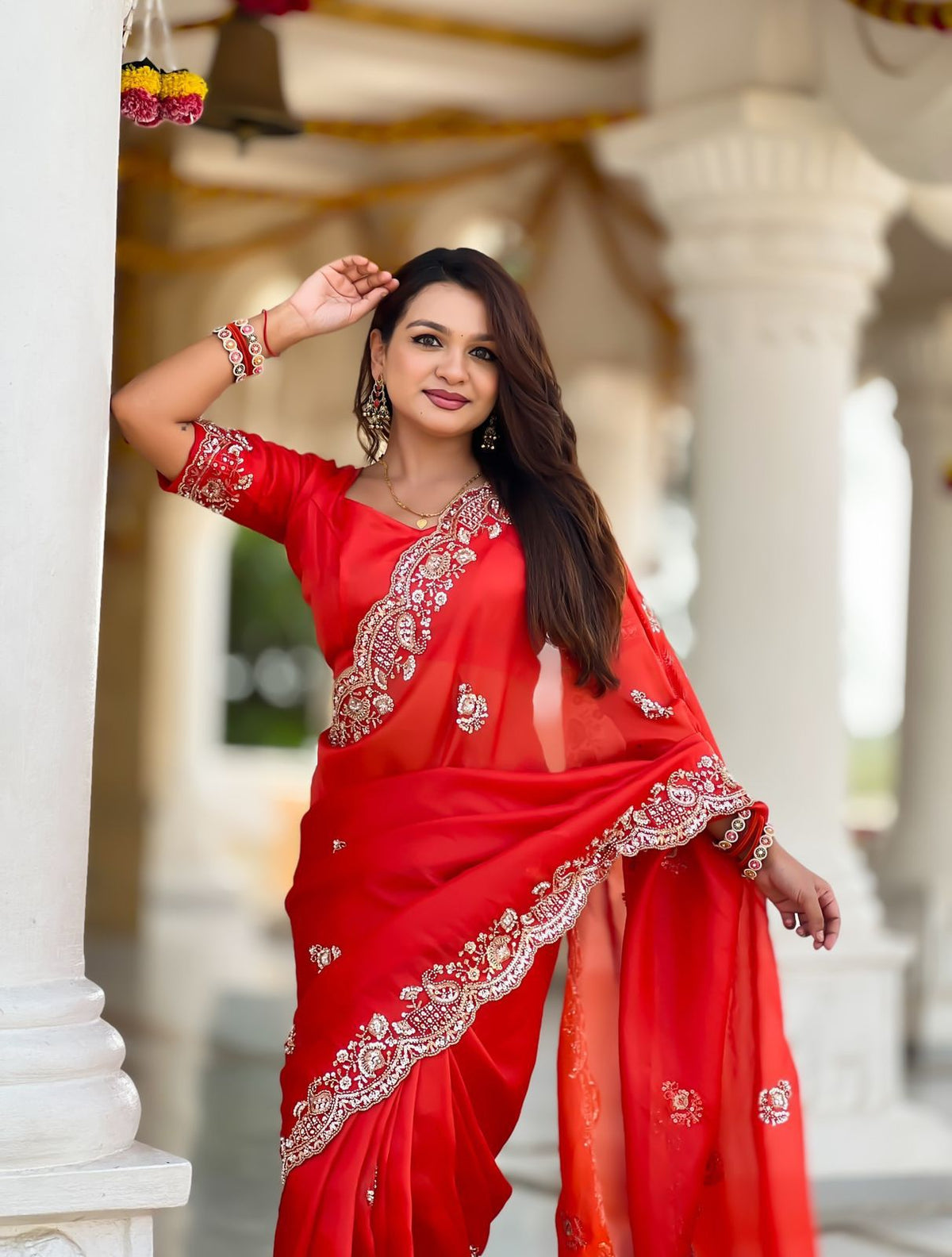 Elegant Red Designer Embroidered Party Wear Saree with Matching Blouse