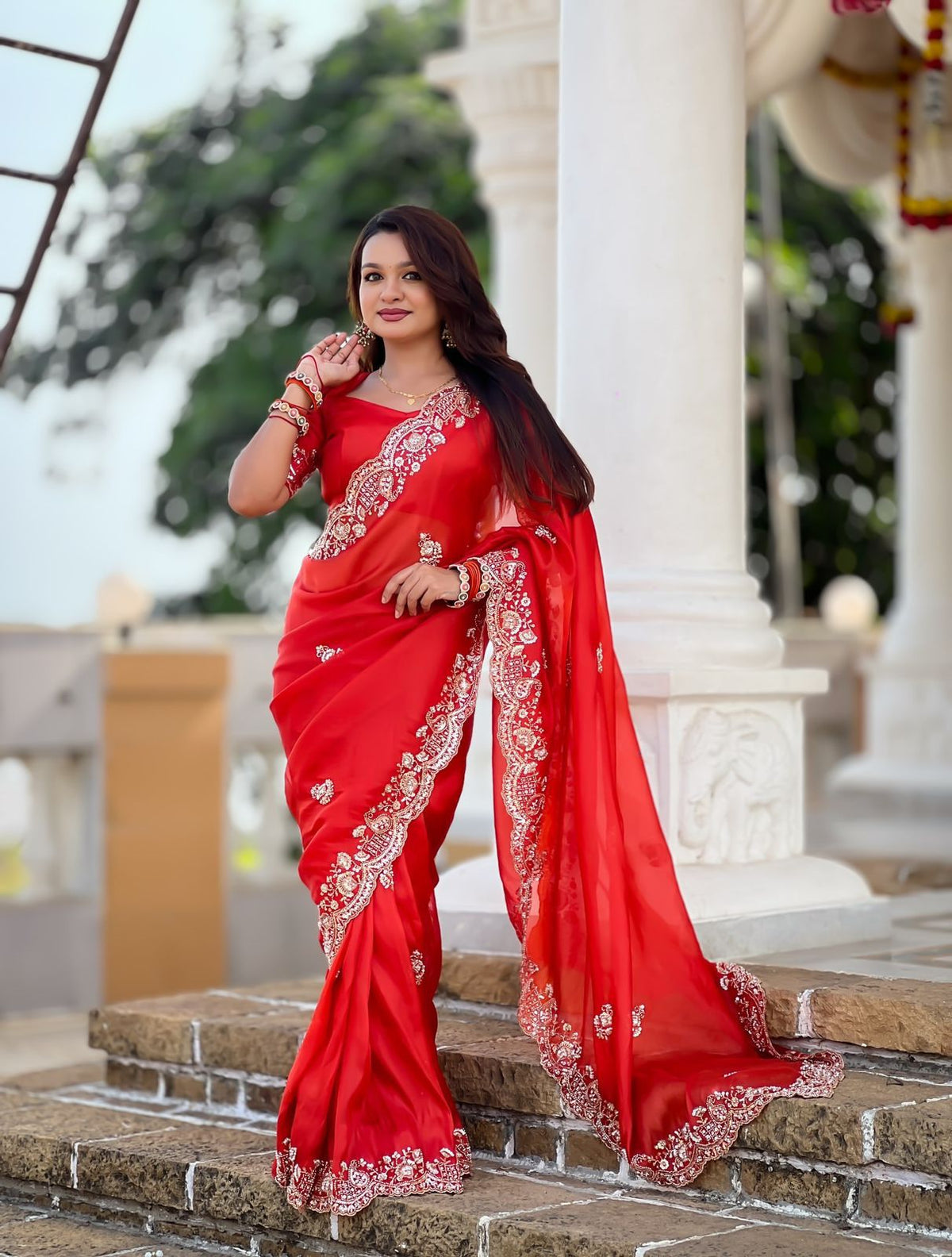 Elegant Red Designer Embroidered Party Wear Saree with Matching Blouse