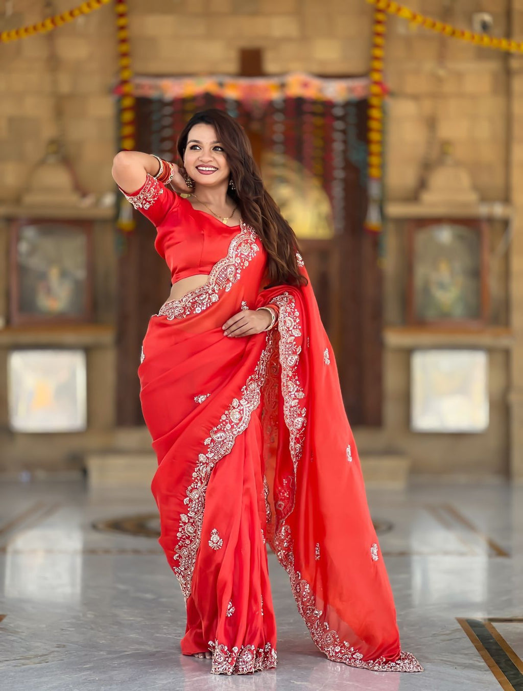 Elegant Red Designer Embroidered Party Wear Saree with Matching Blouse