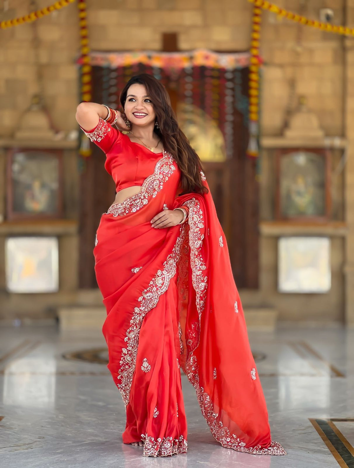 Elegant Red Designer Embroidered Party Wear Saree with Matching Blouse