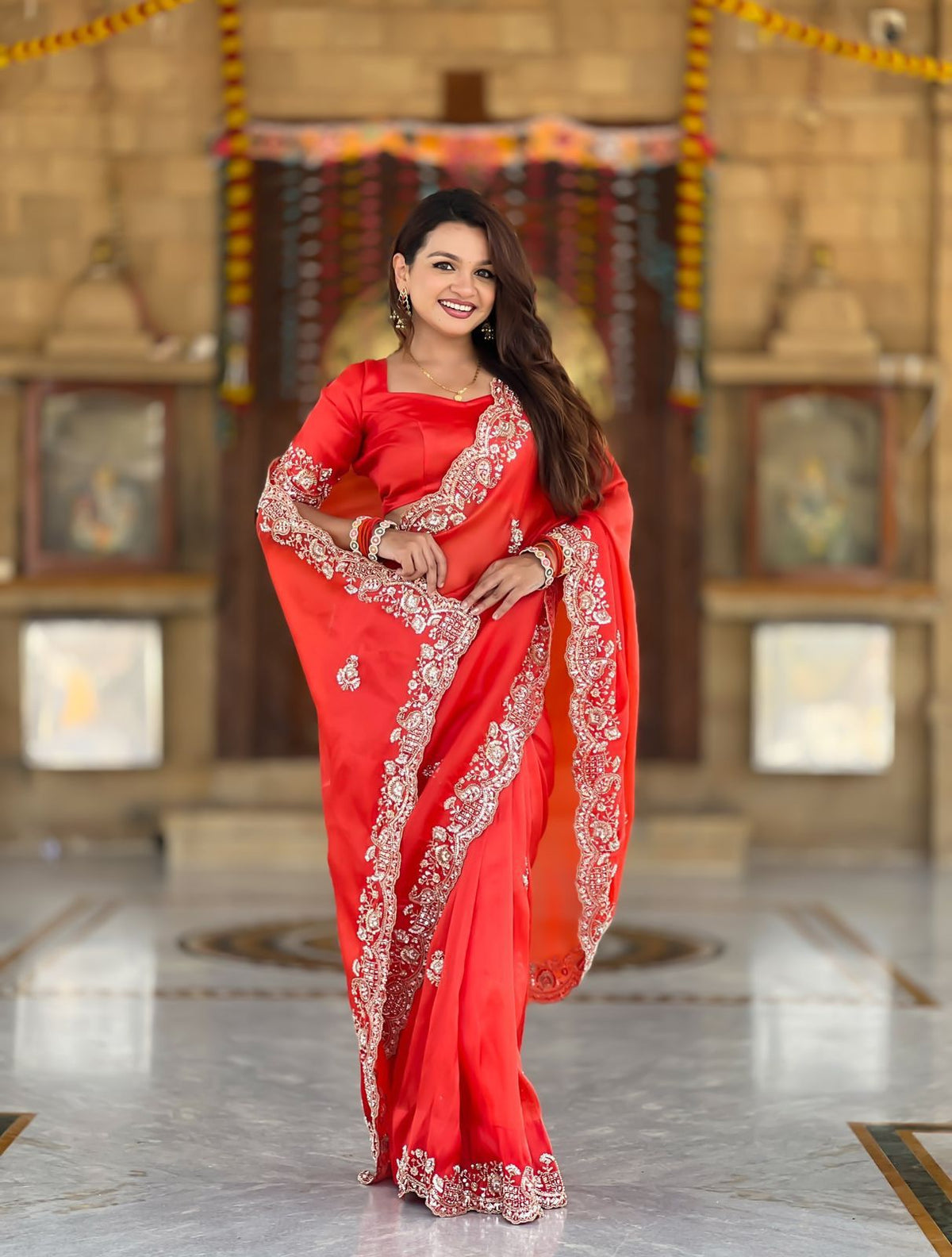 Elegant Red Designer Embroidered Party Wear Saree with Matching Blouse