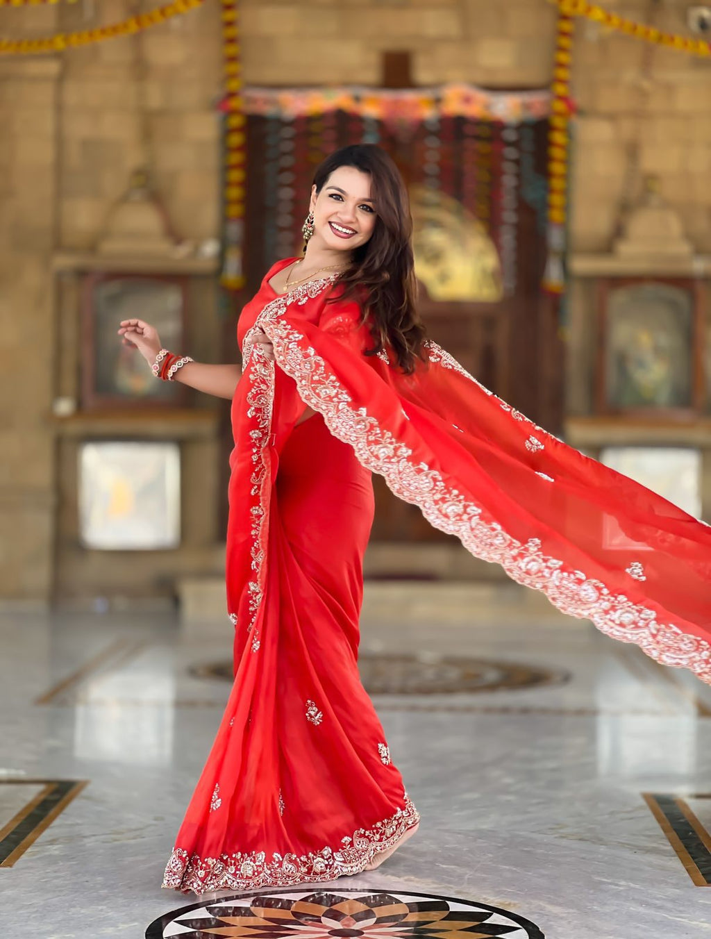 Elegant Red Designer Embroidered Party Wear Saree with Matching Blouse