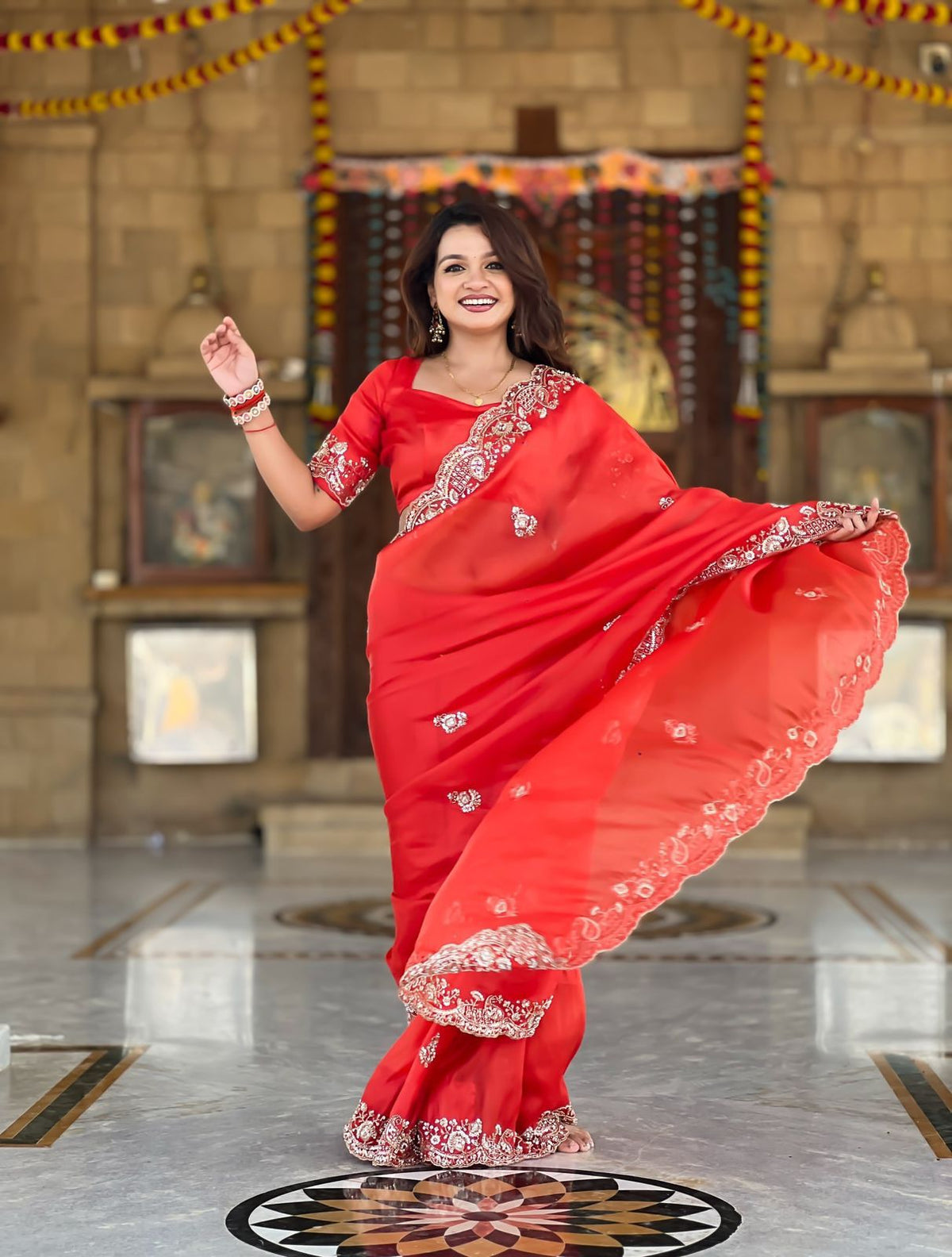 Elegant Red Designer Embroidered Party Wear Saree with Matching Blouse