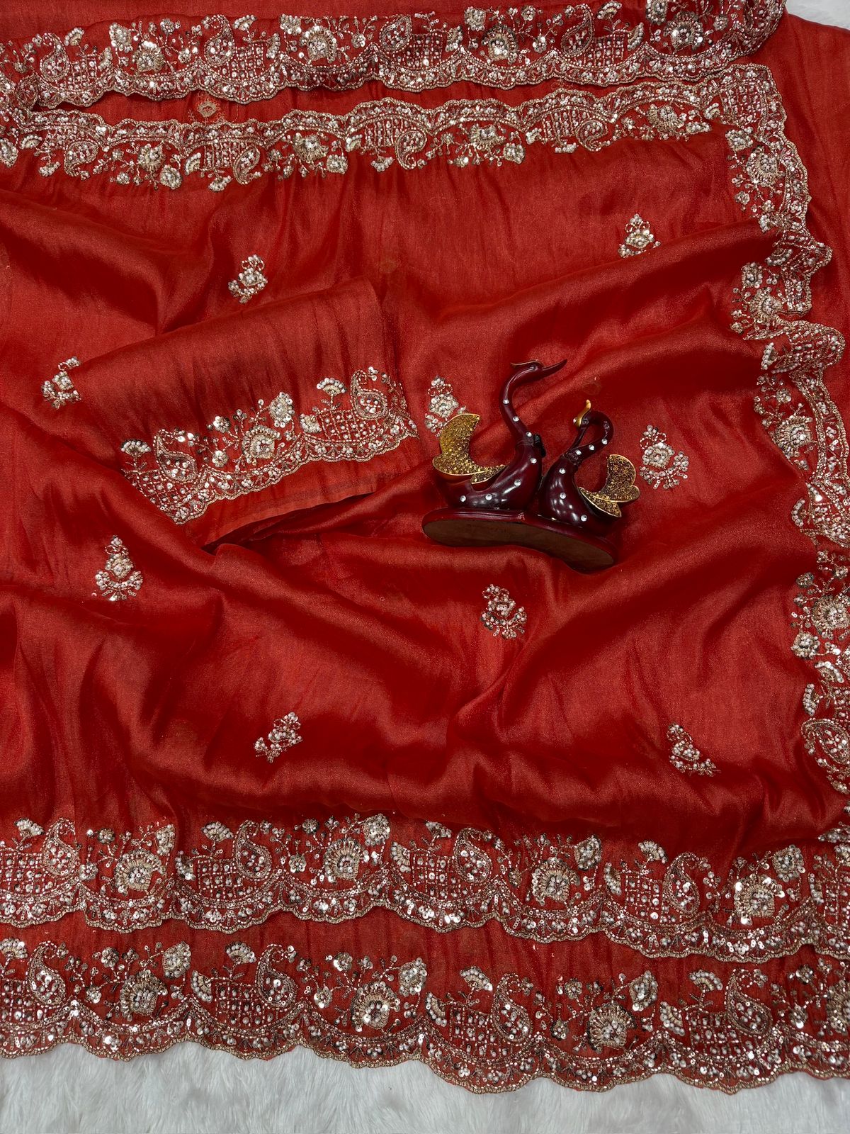 Elegant Red Designer Embroidered Party Wear Saree with Matching Blouse