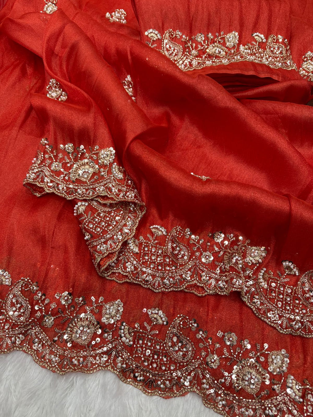 Elegant Red Designer Embroidered Party Wear Saree with Matching Blouse