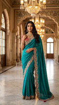 Royal  Designer Saree with Intricate Floral Embroidery & Rich Scalloped Border - SKY