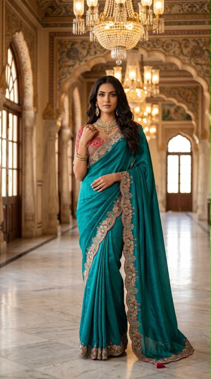 Royal  Designer Saree with Intricate Floral Embroidery & Rich Scalloped Border - SKY