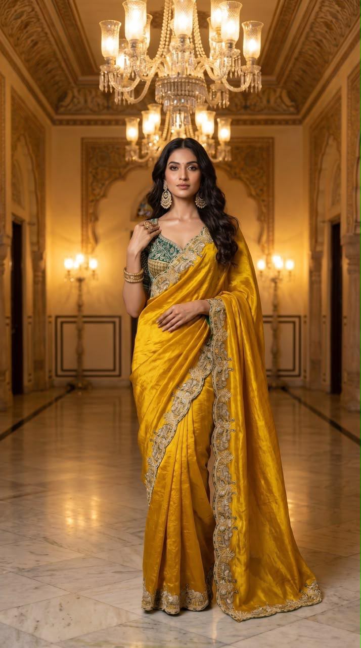 Royal  Designer Saree with Intricate Floral Embroidery & Rich Scalloped Border - YELLOW