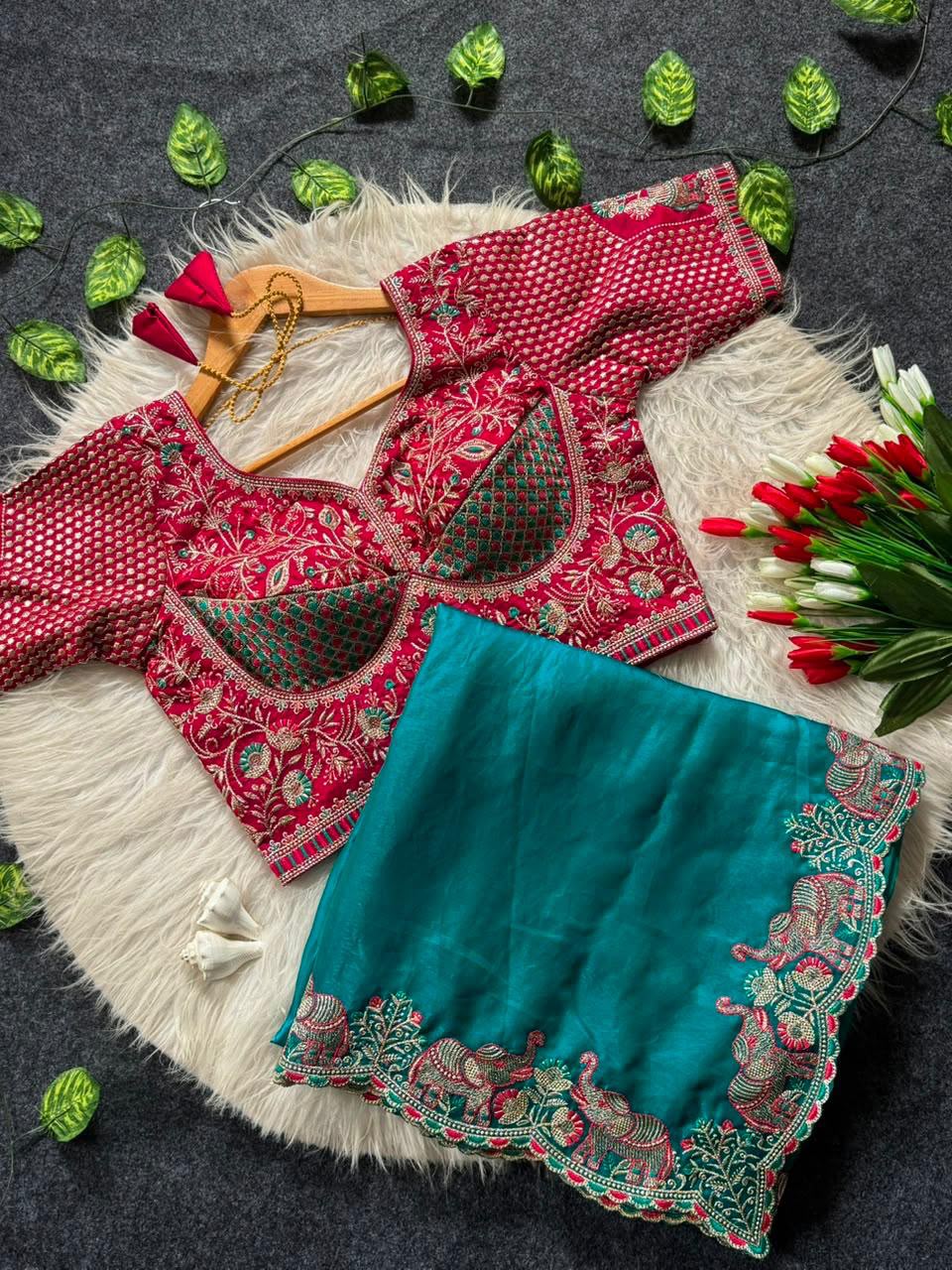 Royal  Designer Saree with Intricate Floral Embroidery & Rich Scalloped Border - SKY