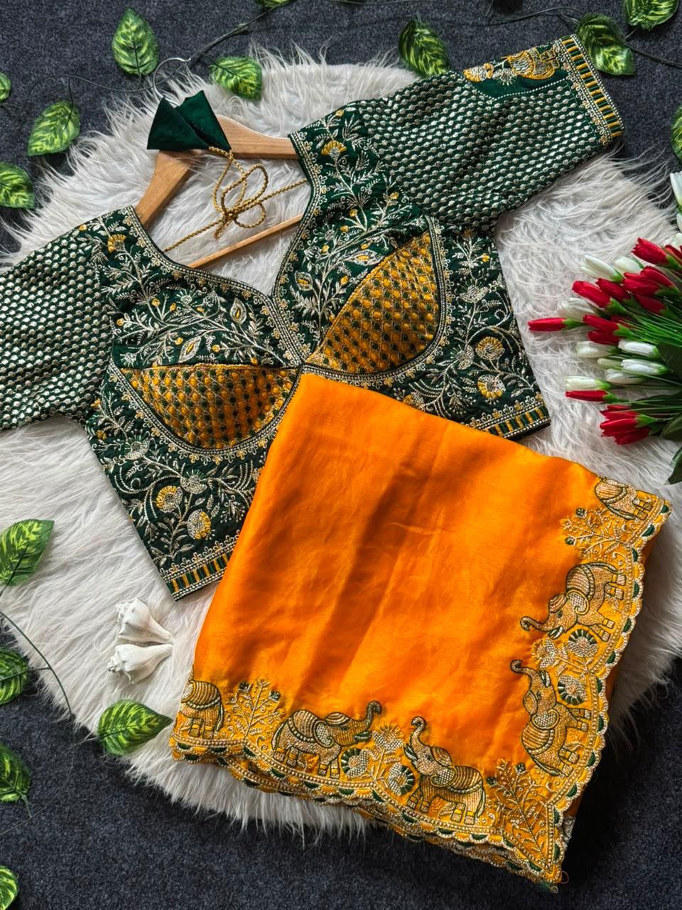 Royal  Designer Saree with Intricate Floral Embroidery & Rich Scalloped Border - YELLOW