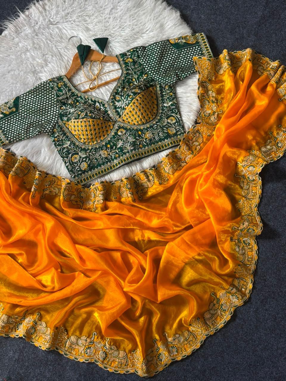 Royal  Designer Saree with Intricate Floral Embroidery & Rich Scalloped Border - YELLOW