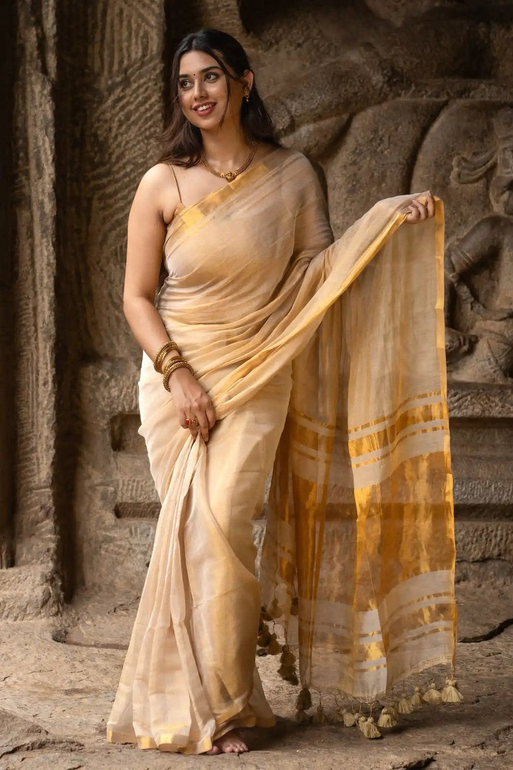 Royal Golden Zari Cream Saree - CREAM