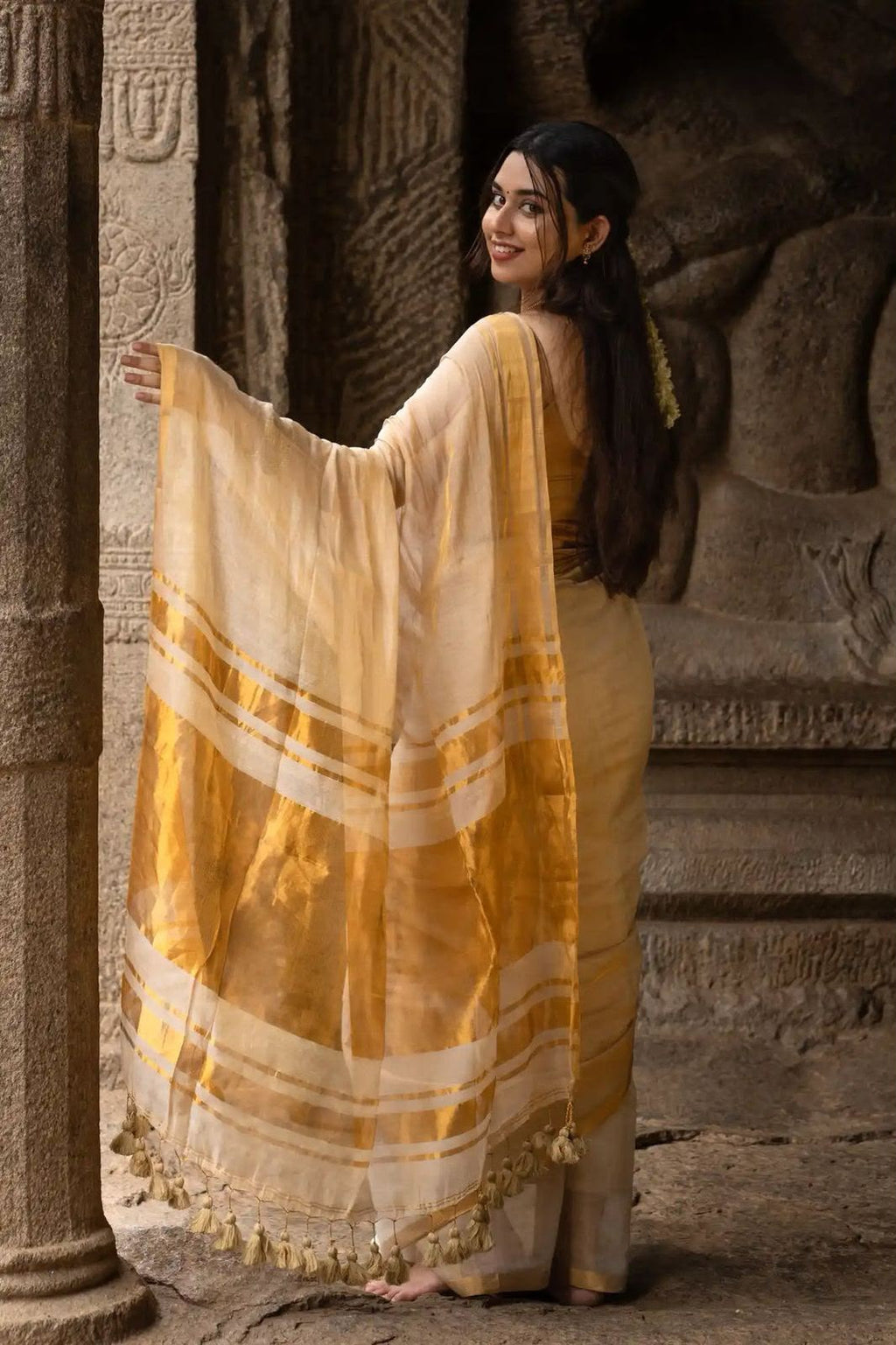 Royal Golden Zari Cream Saree - CREAM