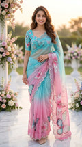 Elegant Butterfly Print Saree with Embellished Border & Designer Blouse - SKY