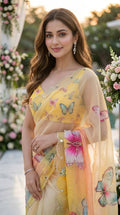 Elegant Butterfly Print Saree with Embellished Border & Designer Blouse - YELLOW