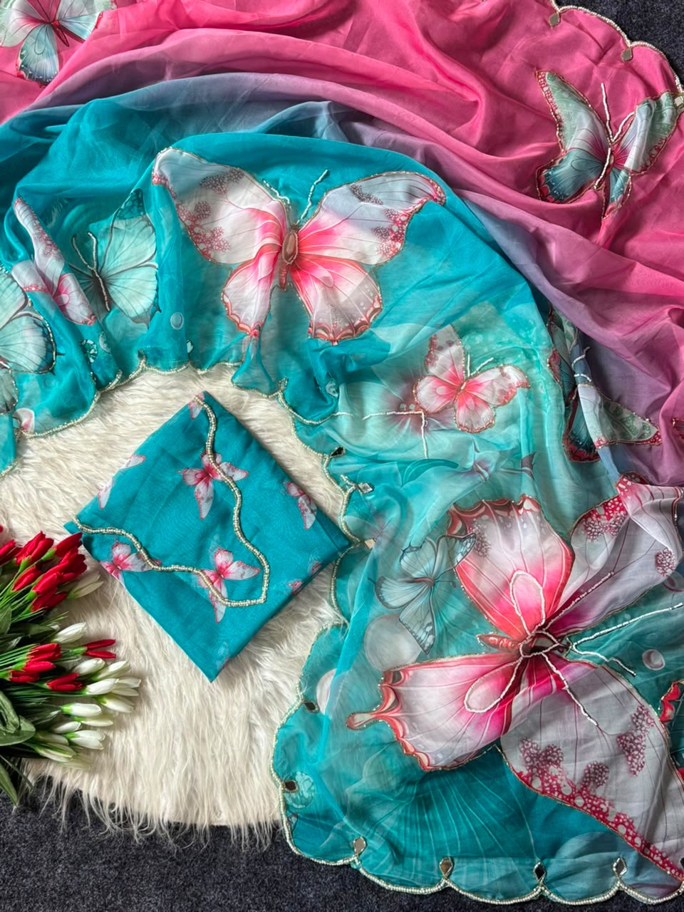 Elegant Butterfly Print Saree with Embellished Border & Designer Blouse - SKY