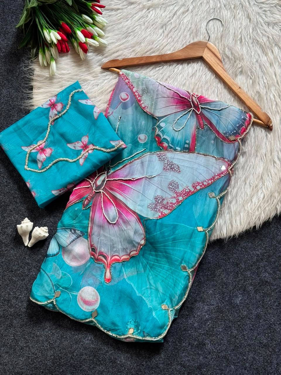 Elegant Butterfly Print Saree with Embellished Border & Designer Blouse - SKY