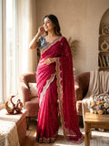 Wedding Wear Pink Saree with Rich Embroidered Border & Designer Blouse - RED
