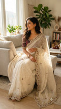 Wedding Wear Pink Saree with Rich Embroidered Border & Designer Blouse - WHITE