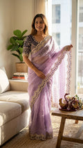Wedding Wear Pink Saree with Rich Embroidered Border & Designer Blouse - PURPLE