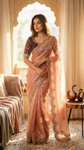Wedding Wear Pink Saree with Rich Embroidered Border & Designer Blouse - PEACH
