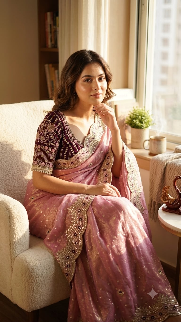 Wedding Wear Pink Saree with Rich Embroidered Border & Designer Blouse -PINK