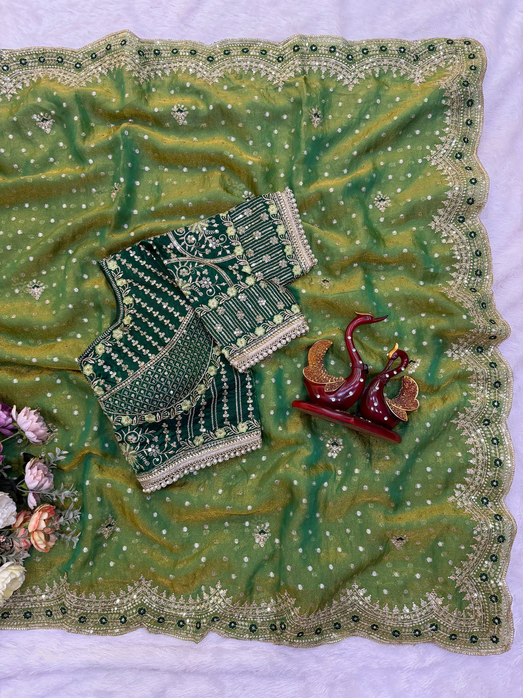Wedding Wear Pink Saree with Rich Embroidered Border & Designer Blouse - PARROT