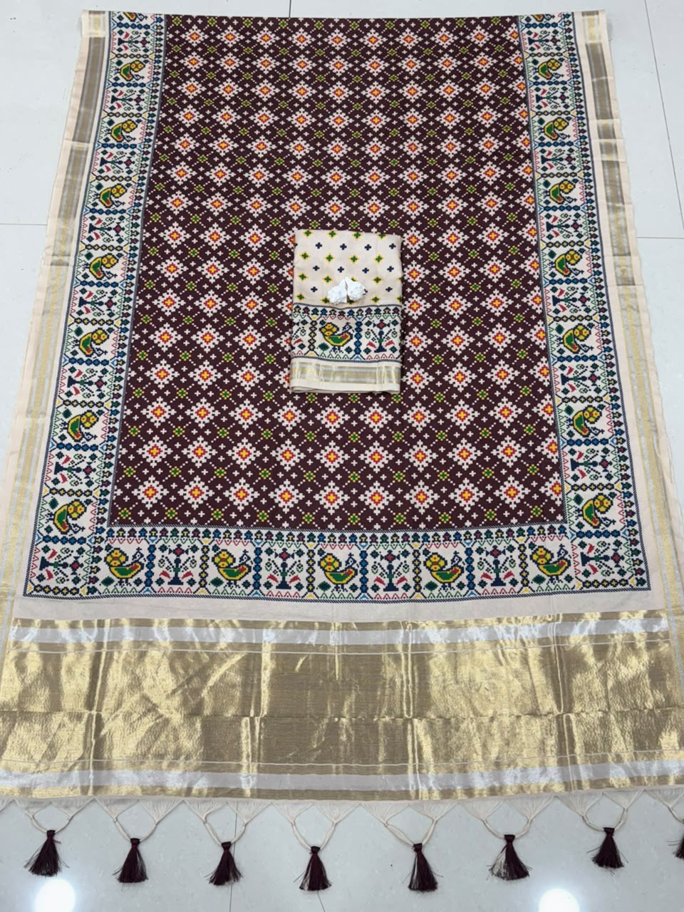 Royal Zari Weaving Tusser Silk Patola Lagdi Pallu Saree- BROWN