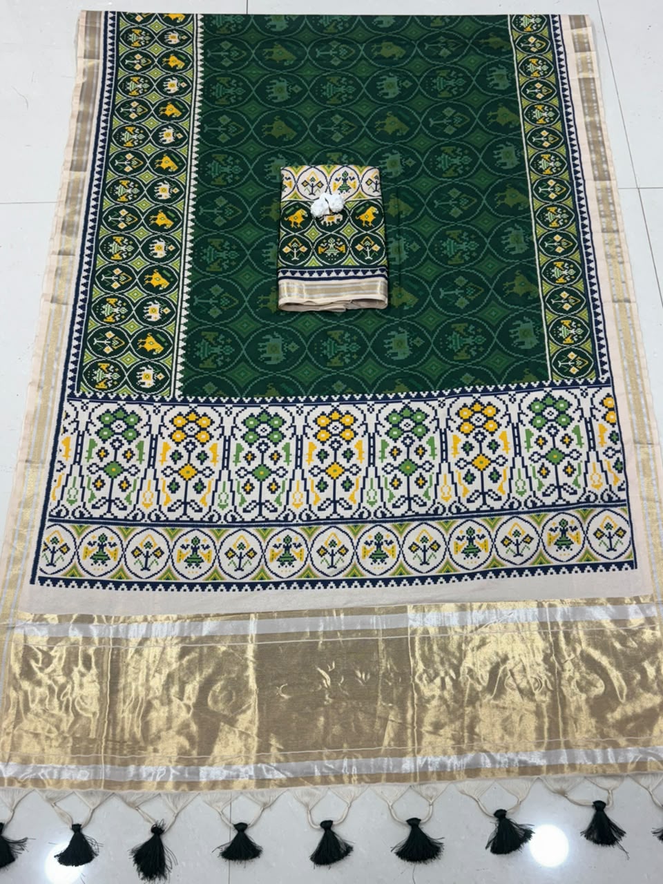Royal Zari Weaving Tusser Silk Patola Lagdi Pallu Saree- GREEN