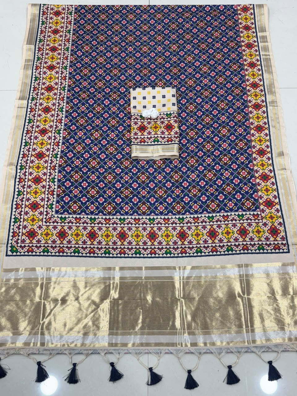 Royal Zari Weaving Tusser Silk Patola Lagdi Pallu Saree-BLUE