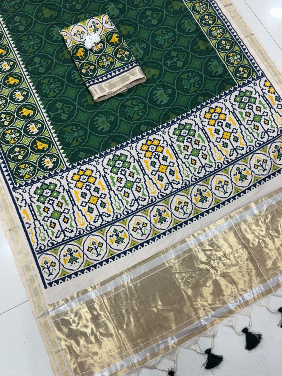 Royal Zari Weaving Tusser Silk Patola Lagdi Pallu Saree- GREEN
