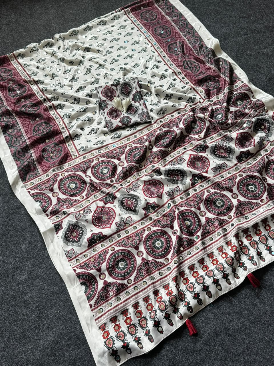 Designer Cream Printed Saree with Traditional Motifs, Border & Tassel Detailing
