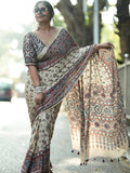 Designer Cream Printed Saree with Traditional Motifs, Border & Tassel Detailing