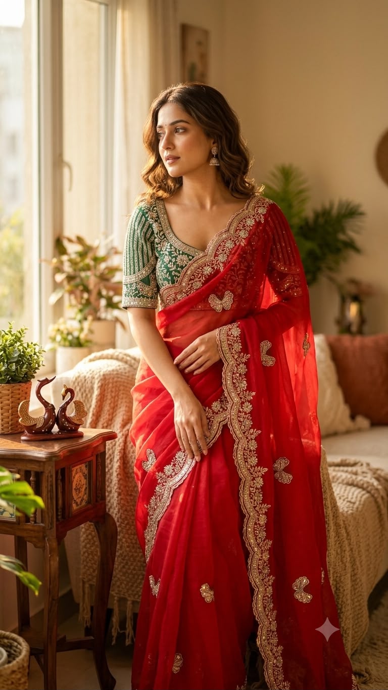 Organza Saree with Butterfly Motifs, Floral Embroidery & Sequin Scalloped Border -RED