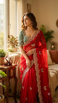 Organza Saree with Butterfly Motifs, Floral Embroidery & Sequin Scalloped Border -RED