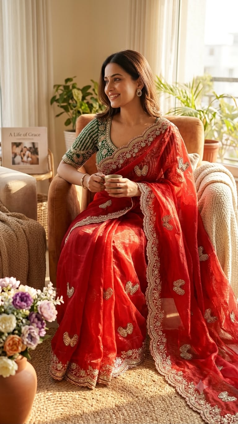 Organza Saree with Butterfly Motifs, Floral Embroidery & Sequin Scalloped Border -RED