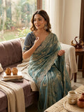 Organza Saree with Butterfly Motifs, Floral Embroidery & Sequin Scalloped Border -SKY