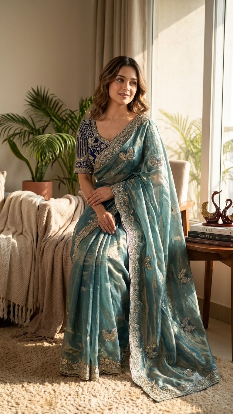 Organza Saree with Butterfly Motifs, Floral Embroidery & Sequin Scalloped Border -SKY
