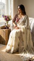 Organza Saree with Butterfly Motifs, Floral Embroidery & Sequin Scalloped Border -WHITE