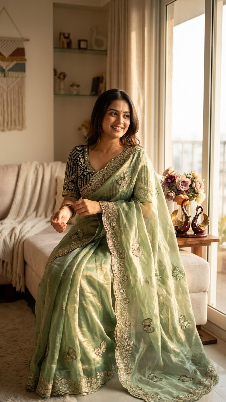 Organza Saree with Butterfly Motifs, Floral Embroidery & Sequin Scalloped Border - GREEN