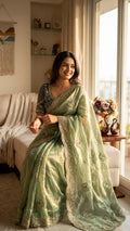 Organza Saree with Butterfly Motifs, Floral Embroidery & Sequin Scalloped Border - GREEN