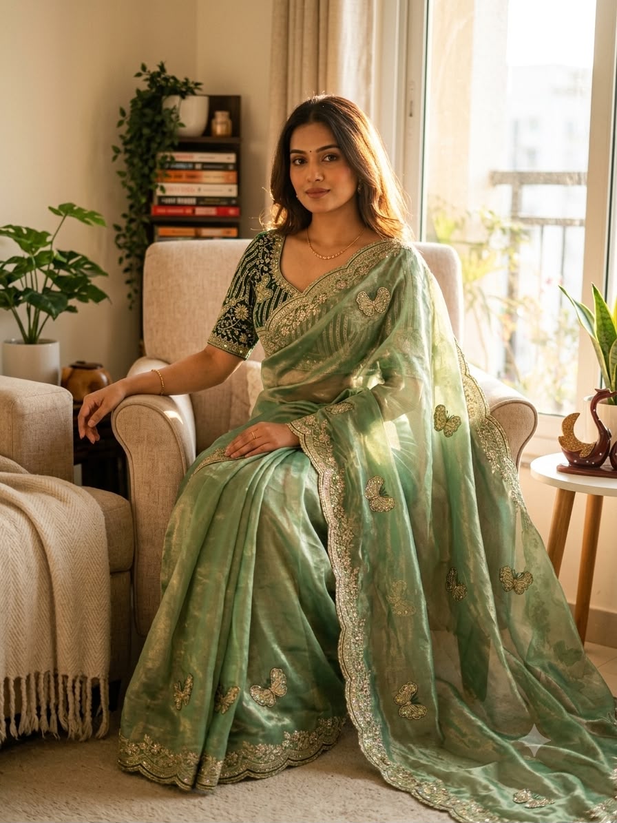 Organza Saree with Butterfly Motifs, Floral Embroidery & Sequin Scalloped Border - GREEN