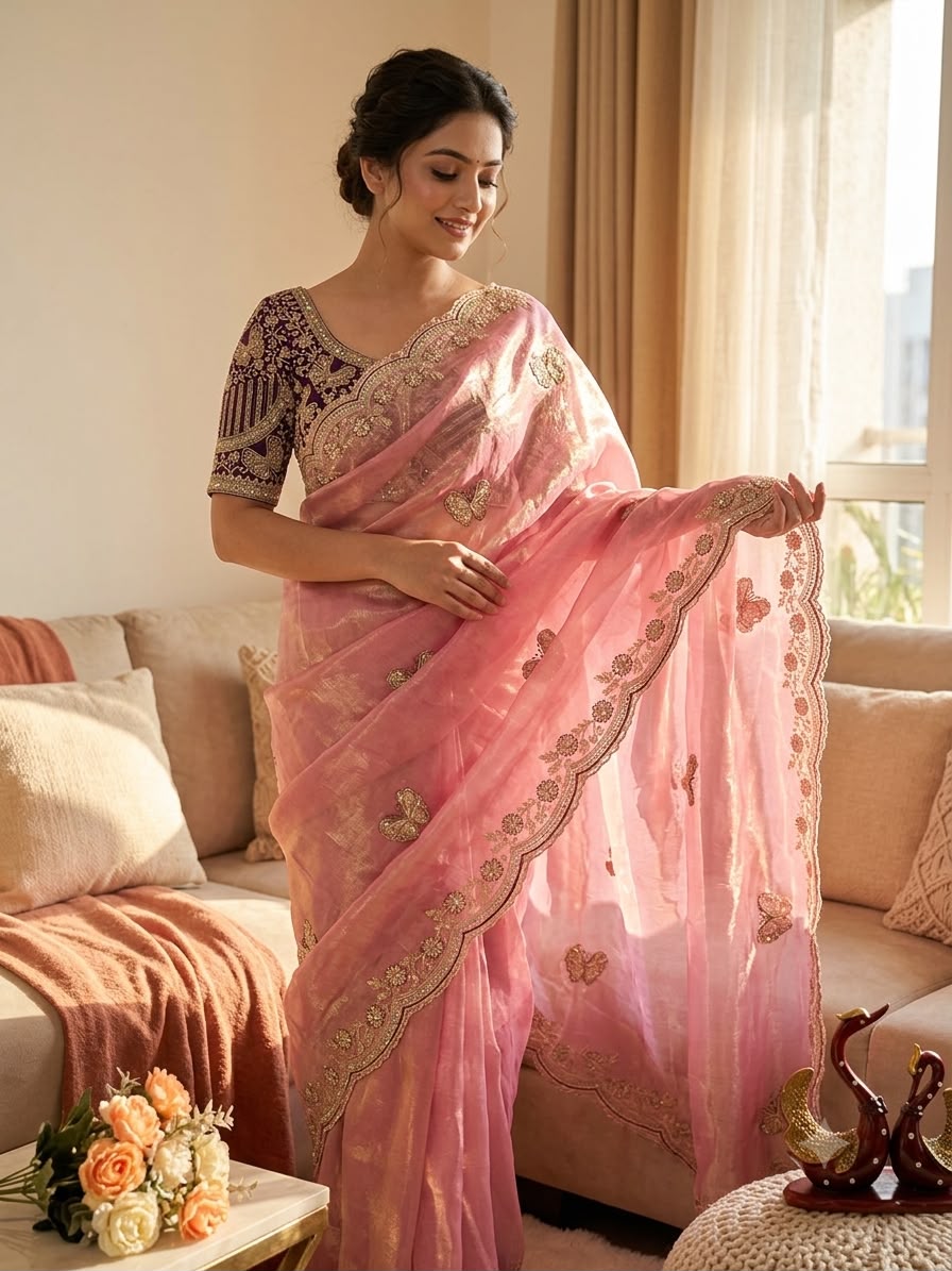 Organza Saree with Butterfly Motifs, Floral Embroidery & Sequin Scalloped Border - PINK