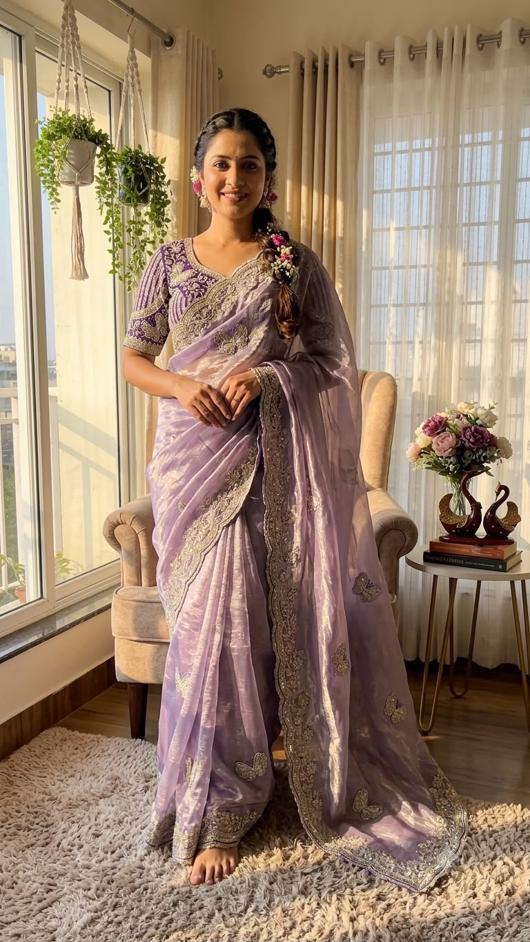 Organza Saree with Butterfly Motifs, Floral Embroidery & Sequin Scalloped Border - PURPLE