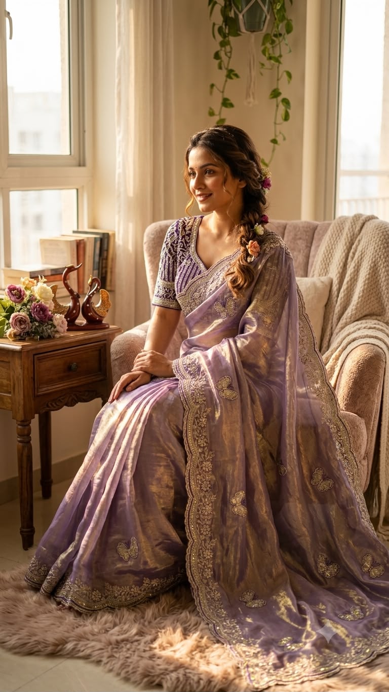 Organza Saree with Butterfly Motifs, Floral Embroidery & Sequin Scalloped Border - PURPLE