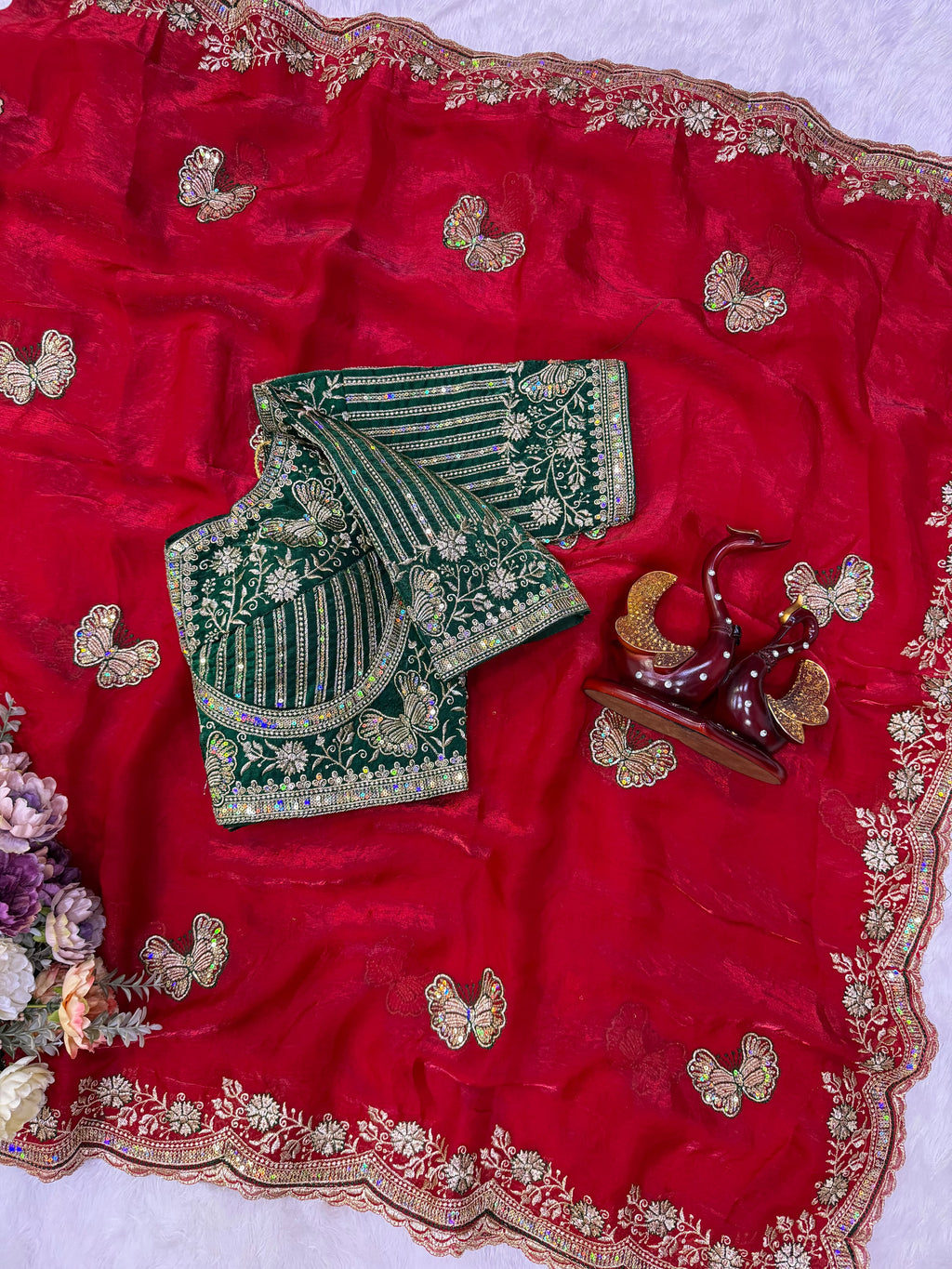 Organza Saree with Butterfly Motifs, Floral Embroidery & Sequin Scalloped Border -RED